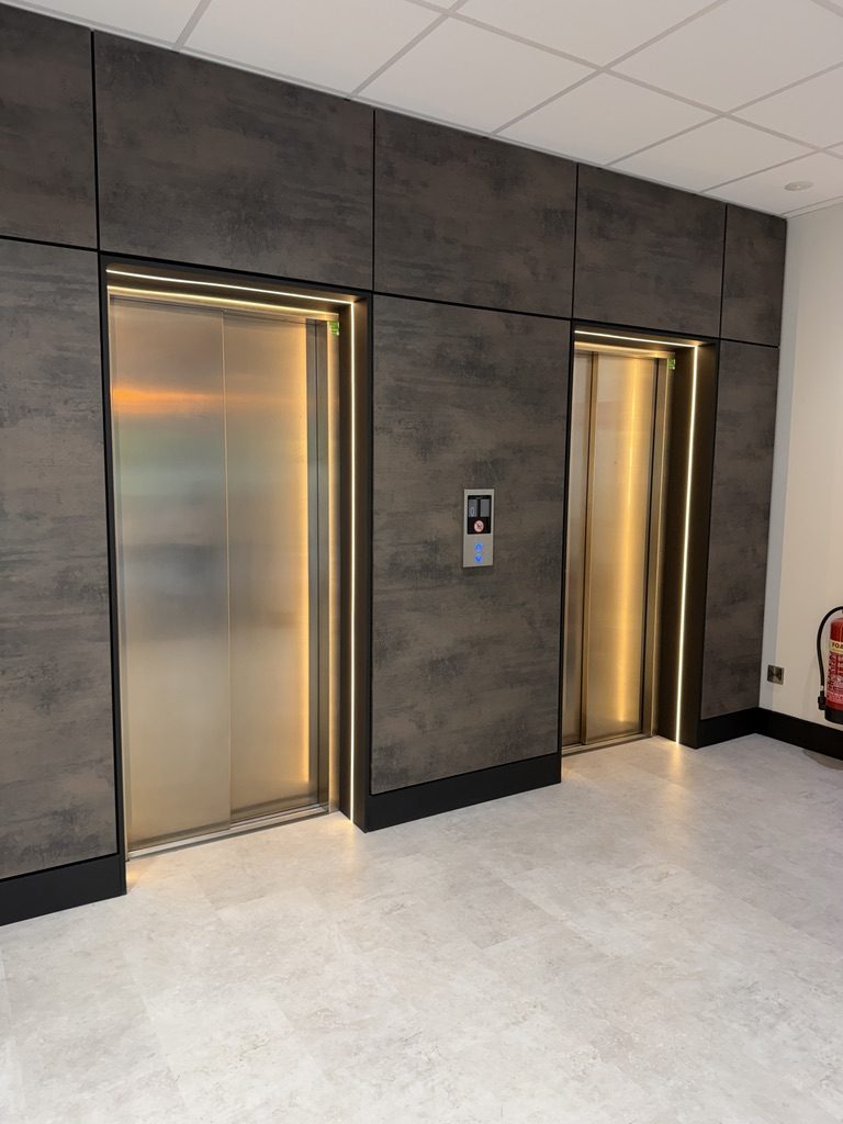Refurbished lifts in the Hamilton House lobby